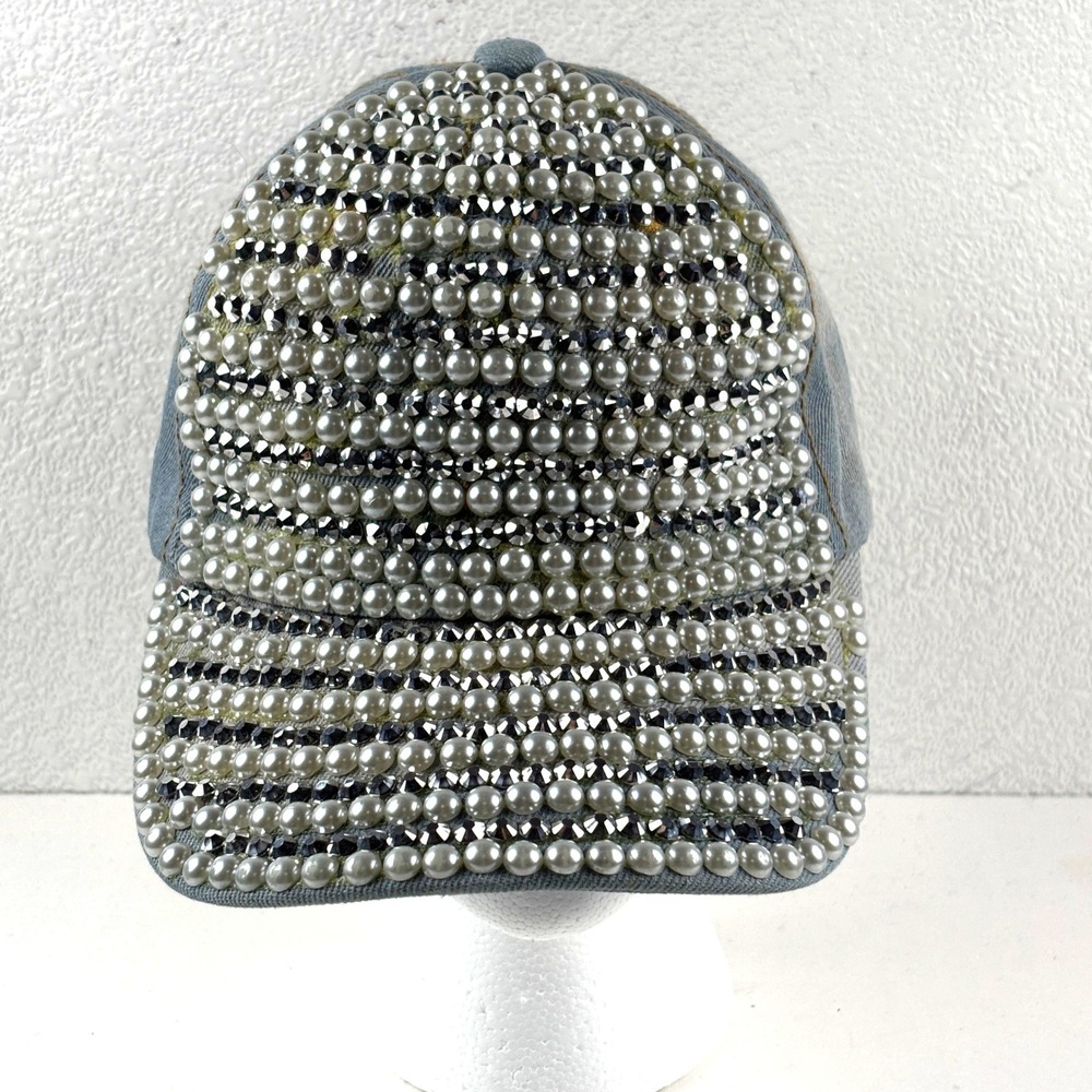 29 Palms Baseball Cap OS Blue Denim Pearl Studded Embellished Hat Y2K Bling
